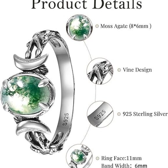 Moss Agate-Oxidized Silver Triple Moon Rings 925 Silver Phase Rings